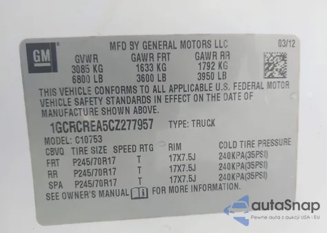 2012 Chevrolet Silverado 1500 Ls z USA, uszkodzony, nr VIN 1GCRCREA5CZ277957